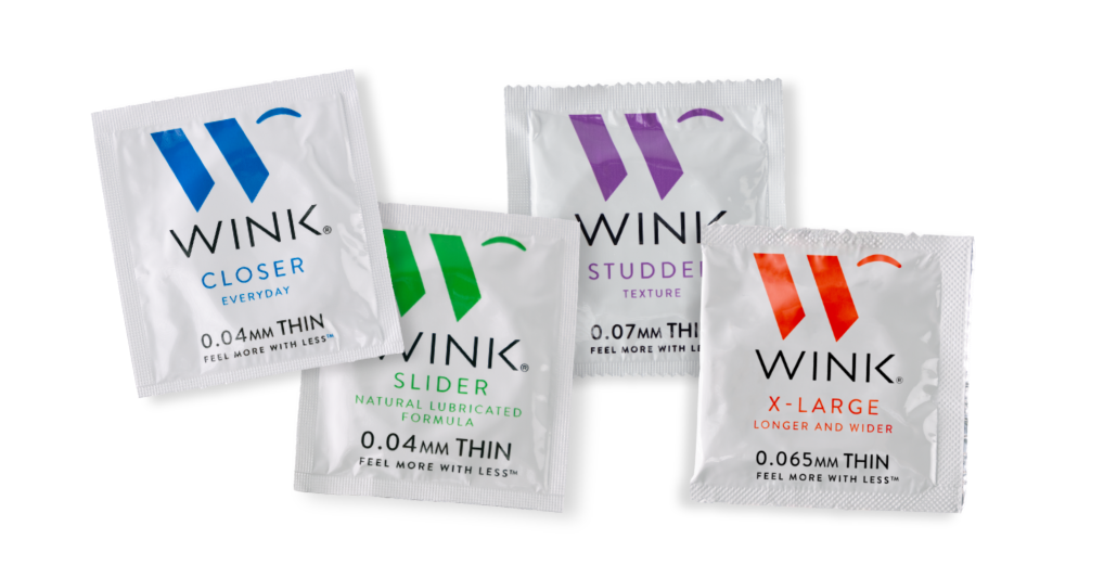 Full lineup of Wink condom wrappers